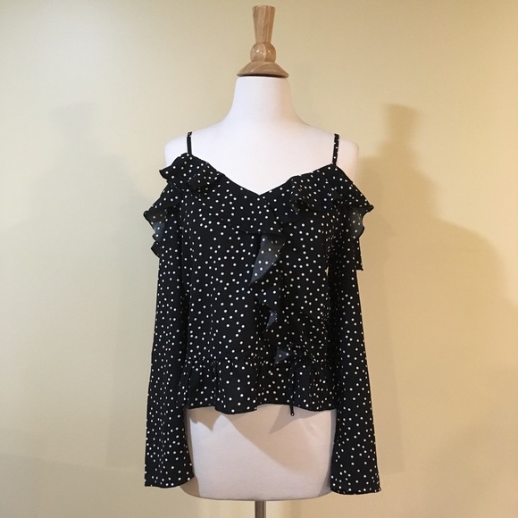 Cold Shoulder Ruffled Spaghetti Strap Dots Print Blouse - Picture 5 of 7